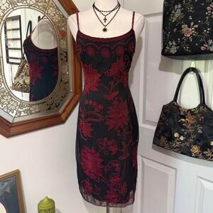 VTG Y2K Adrianna Papell Black & Red Floral Beaded Silk Dark Romantic Mini Dress